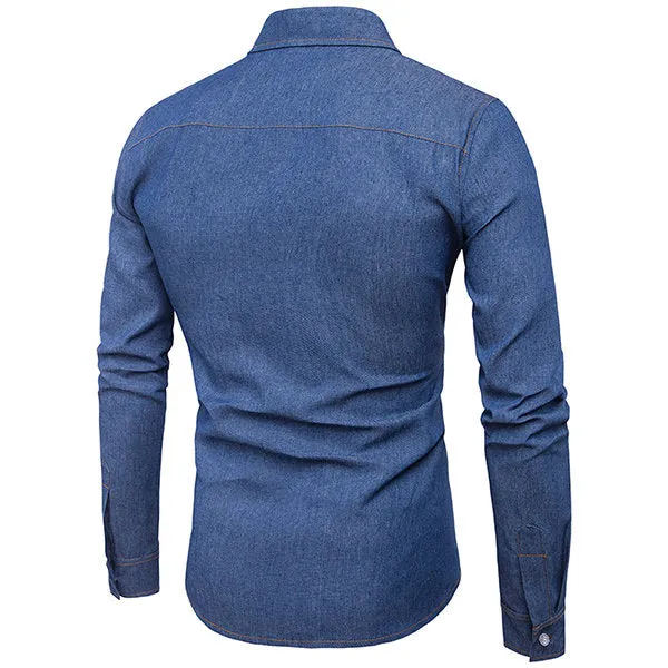 Denim Designer Shirts for Men Casaul Stylish Solid Color Band Collar