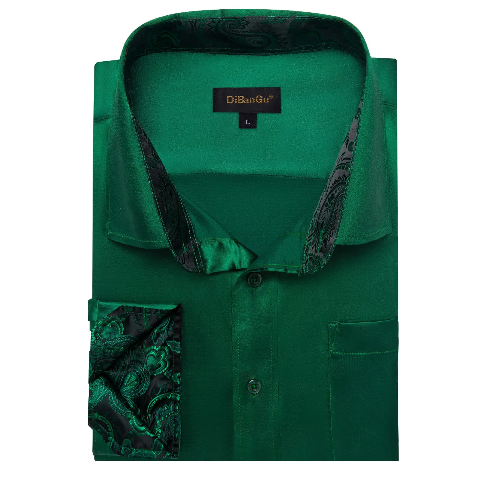 DiBanGu Collar Shirt Sacramento State Green Satin Splicing Solid Button Down Mens Shirt