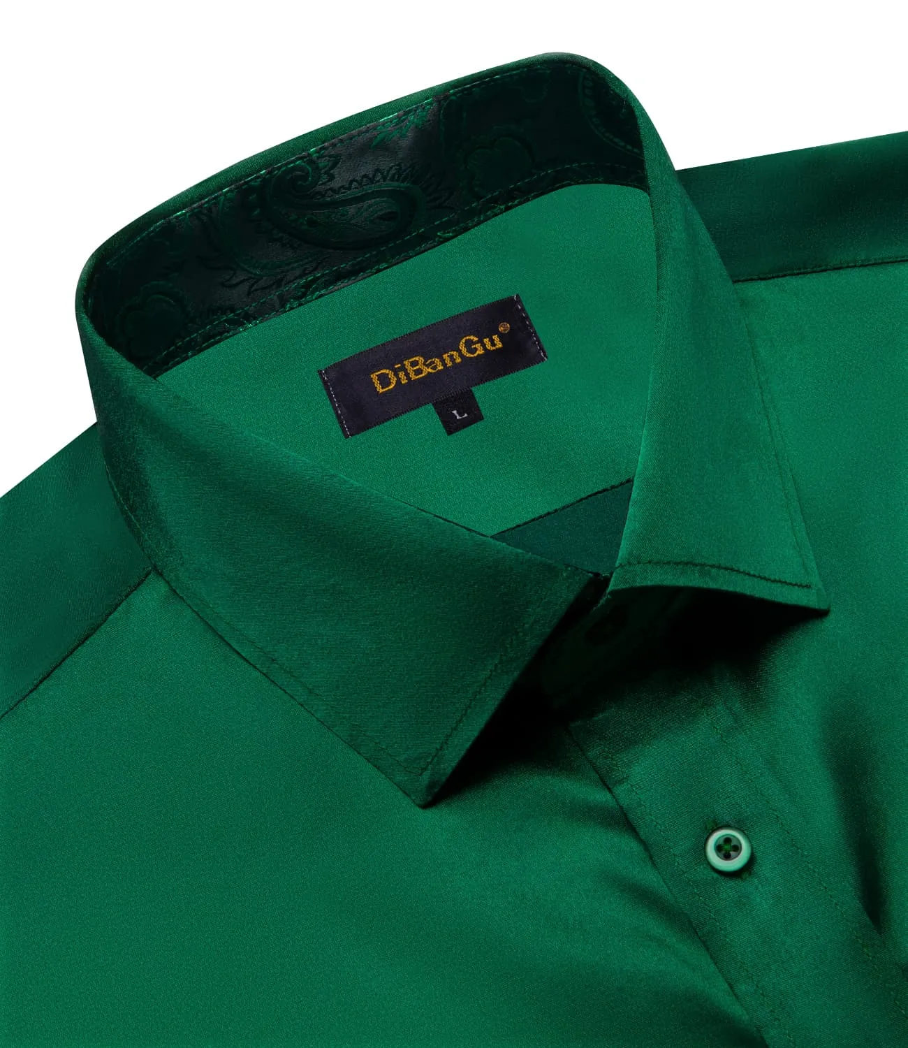 DiBanGu Collar Shirt Sacramento State Green Satin Splicing Solid Button Down Mens Shirt