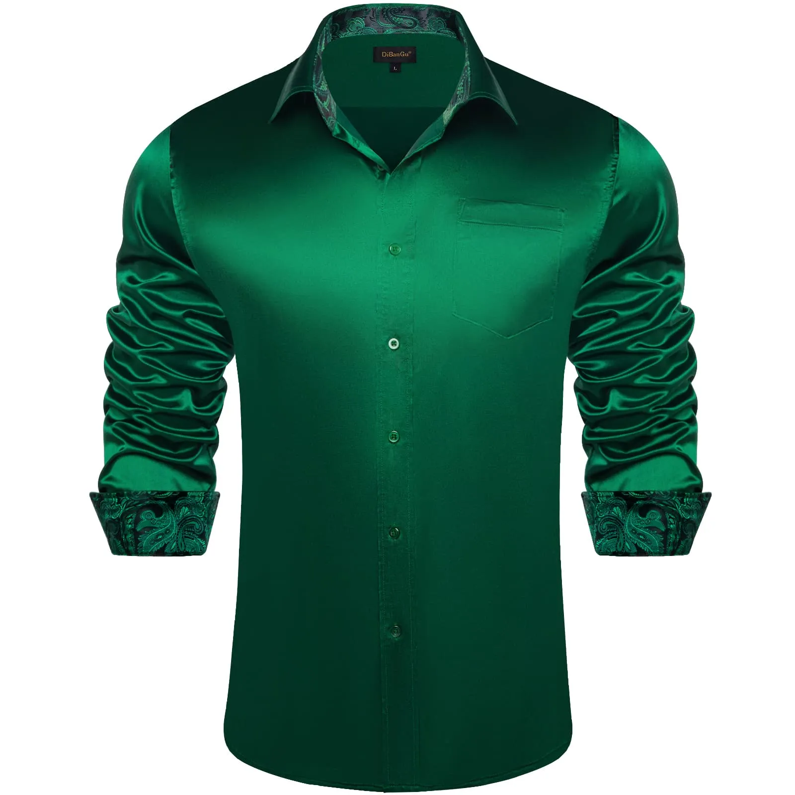 DiBanGu Collar Shirt Sacramento State Green Satin Splicing Solid Button Down Mens Shirt