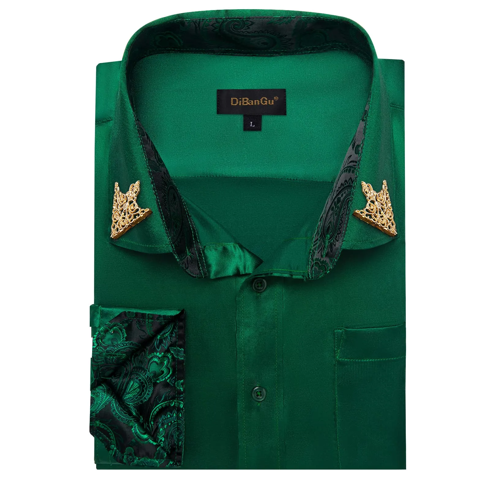 DiBanGu Collar Shirt Sacramento State Green Satin Splicing Solid Button Down Mens Shirt