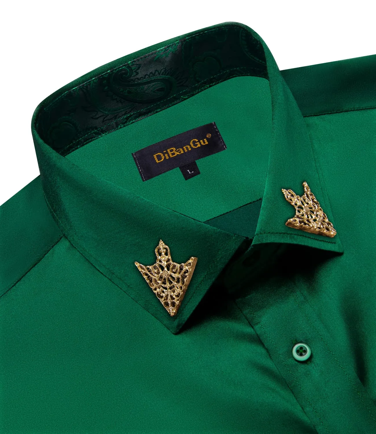 DiBanGu Collar Shirt Sacramento State Green Satin Splicing Solid Button Down Mens Shirt