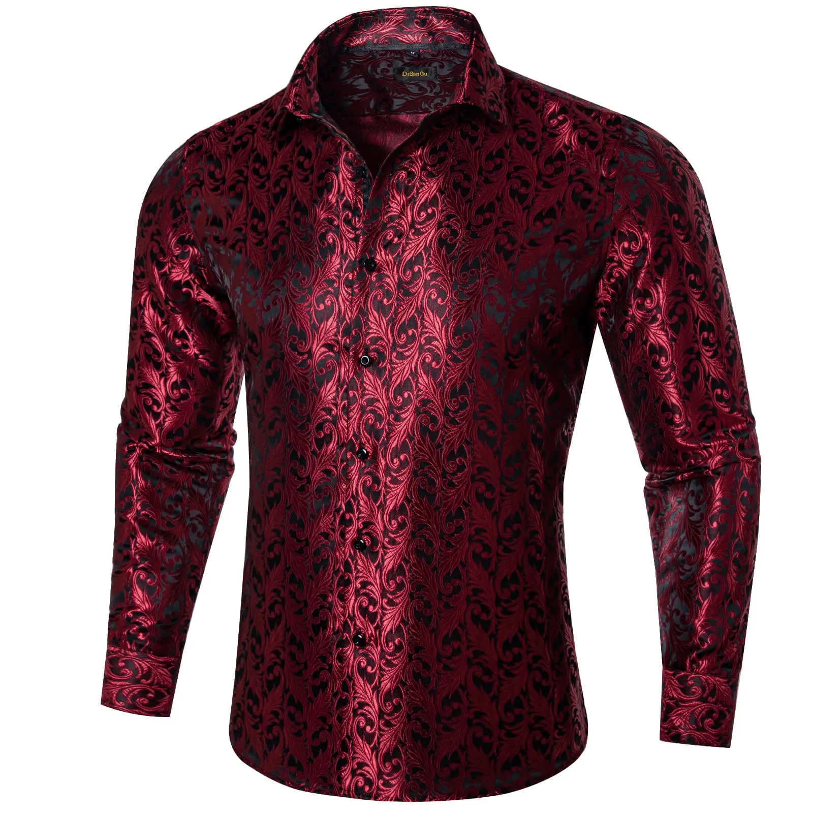 DiBanGu Tuxedo Shirt Burgundy Red Floral Silk Button Down Men's Dress Shirt