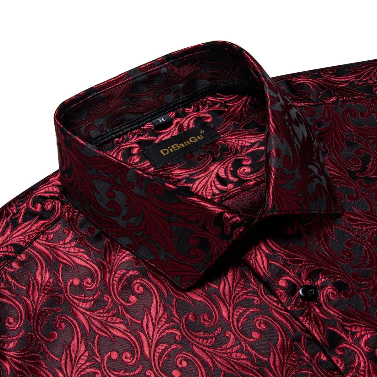 DiBanGu Tuxedo Shirt Burgundy Red Floral Silk Button Down Men's Dress Shirt