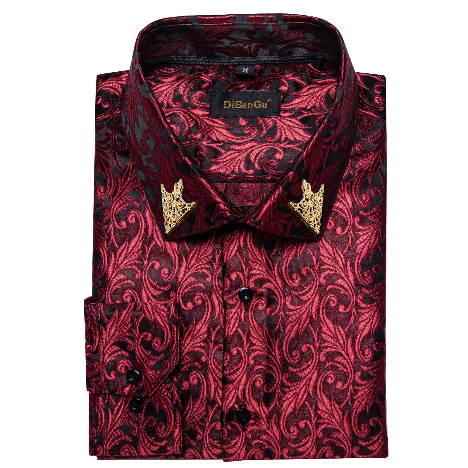 DiBanGu Tuxedo Shirt Burgundy Red Floral Silk Button Down Men's Dress Shirt