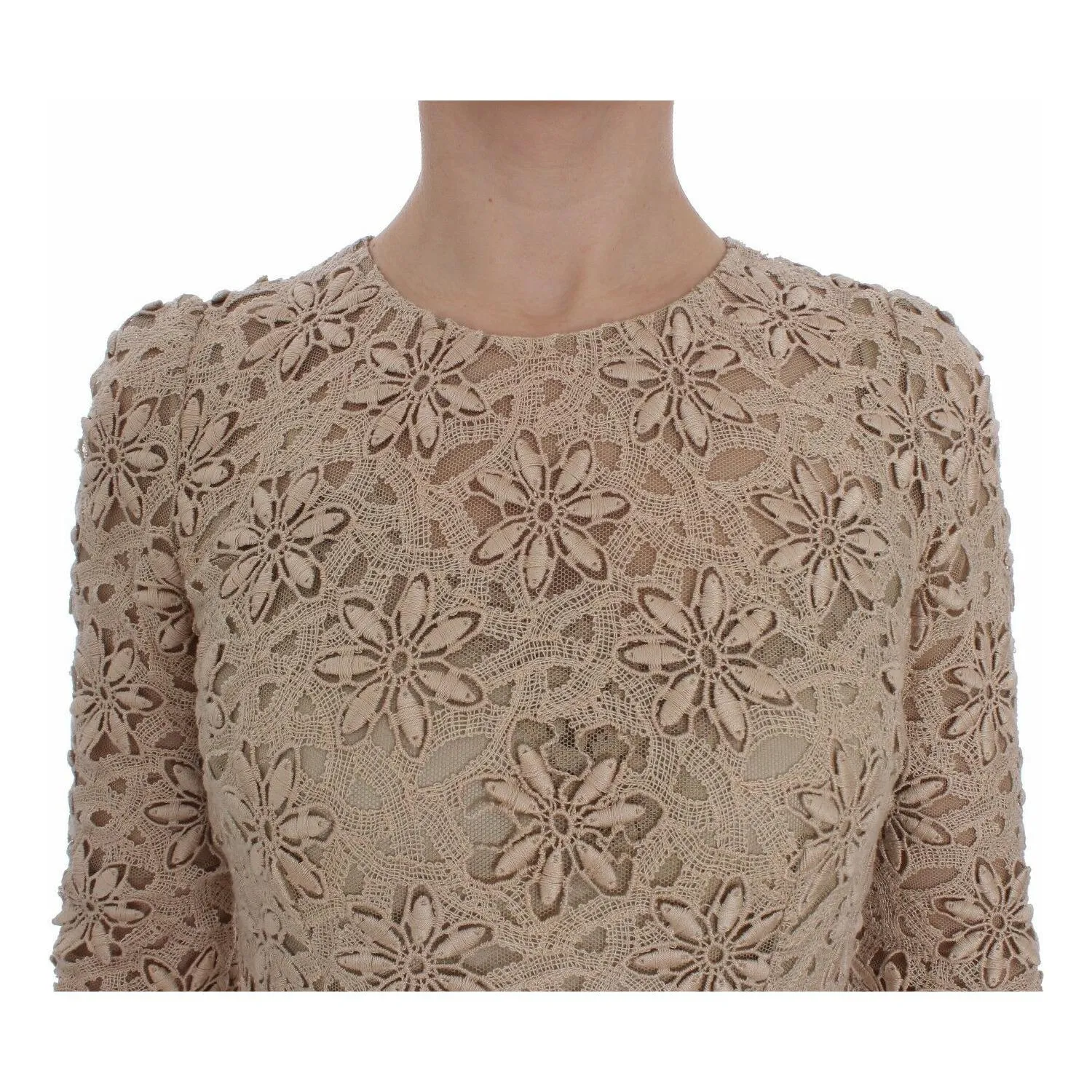 Dolce & Gabbana Beige Floral Lace Long Sleeve Maxi Dress