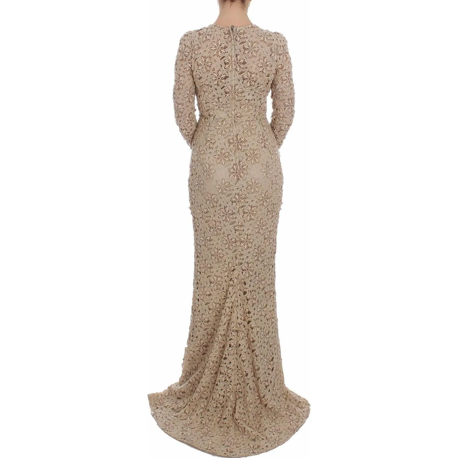 Dolce & Gabbana Beige Floral Lace Long Sleeve Maxi Dress