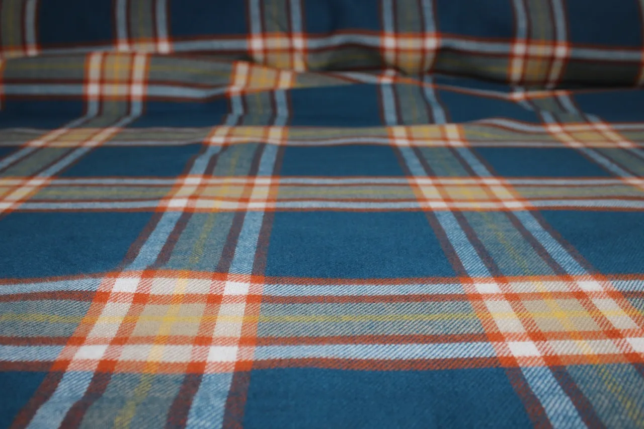 Double Faced Plaid/Solid Cotton Flannel - Cadet Blue/Orange/White