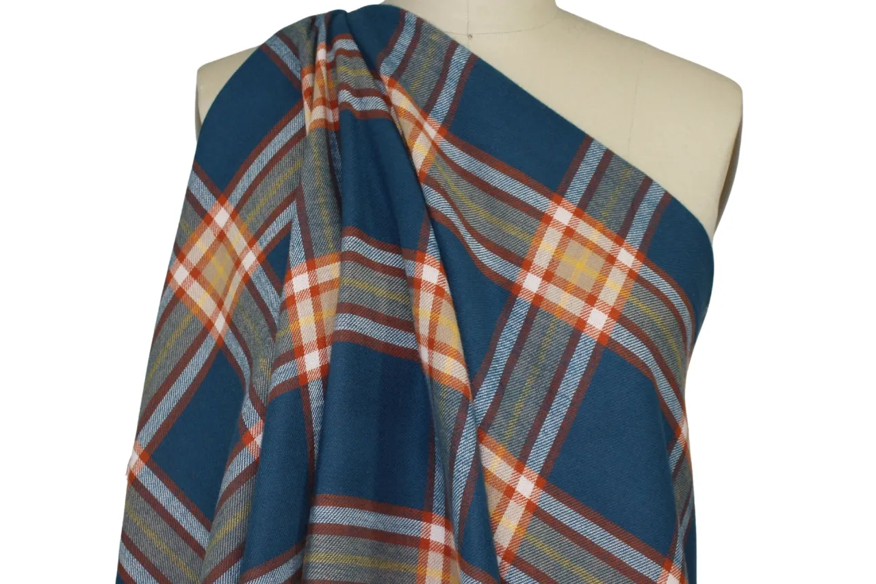 Double Faced Plaid/Solid Cotton Flannel - Cadet Blue/Orange/White