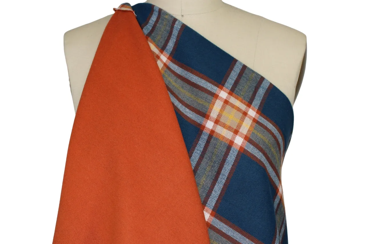 Double Faced Plaid/Solid Cotton Flannel - Cadet Blue/Orange/White