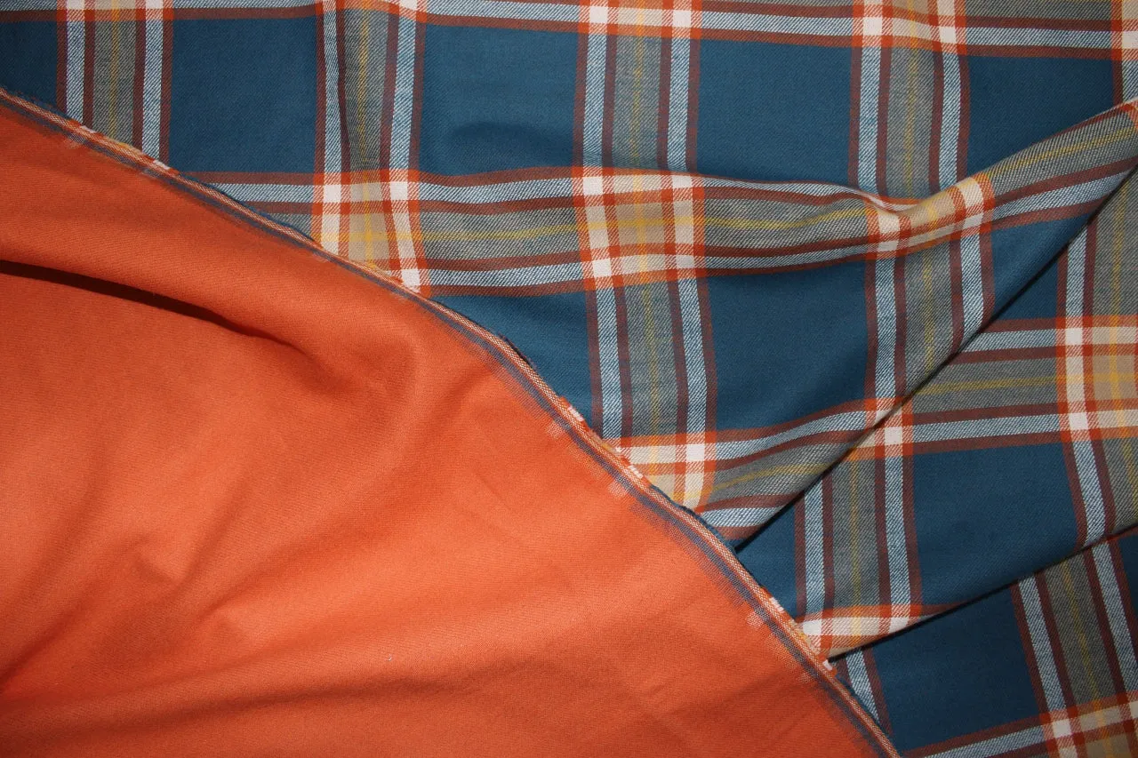 Double Faced Plaid/Solid Cotton Flannel - Cadet Blue/Orange/White