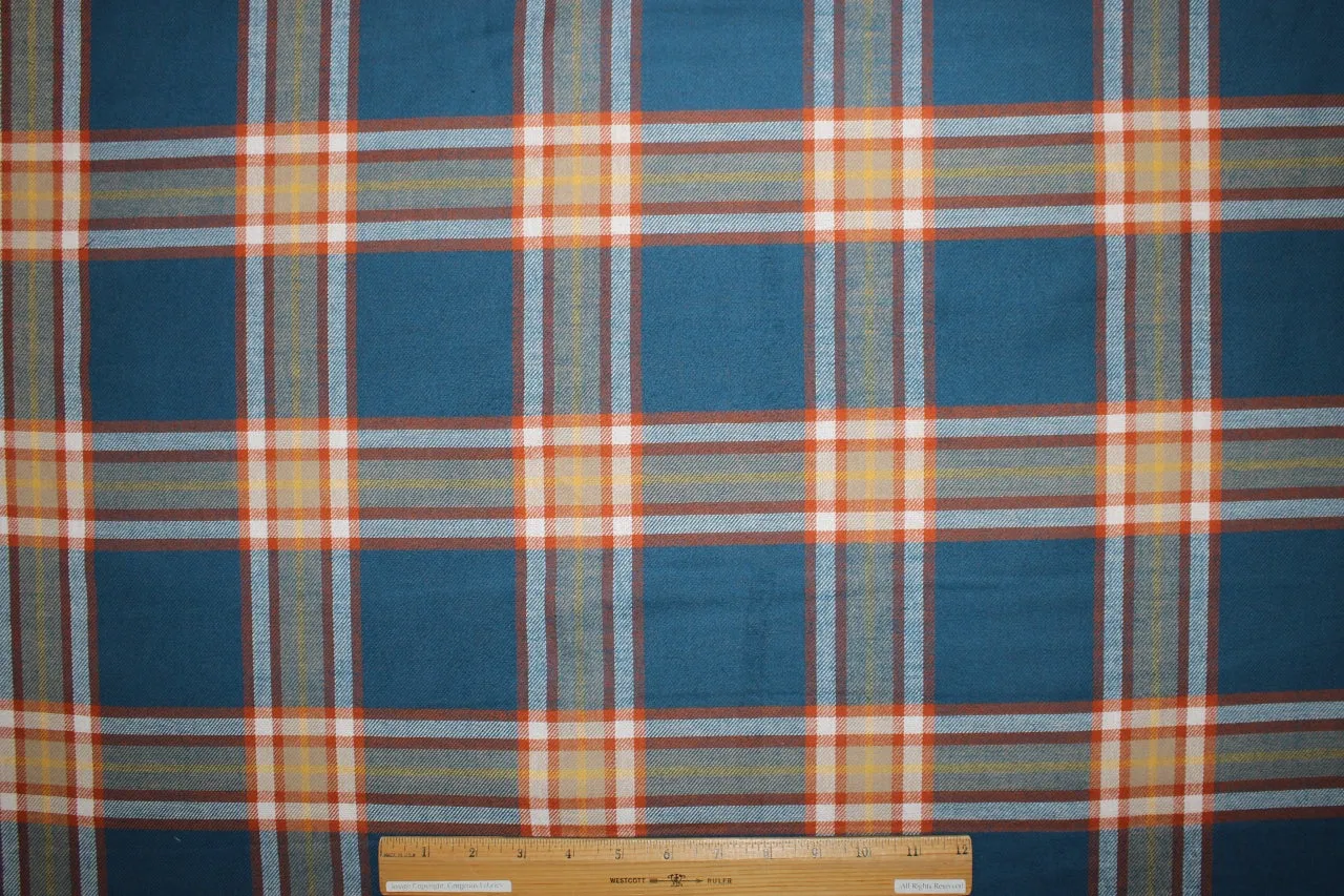 Double Faced Plaid/Solid Cotton Flannel - Cadet Blue/Orange/White