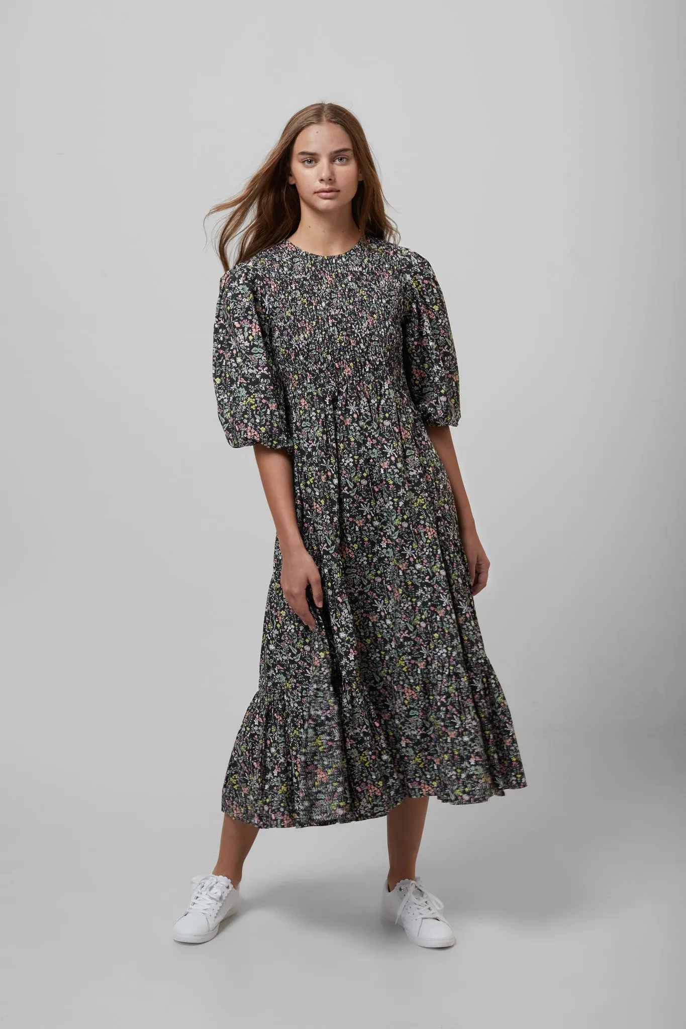 EOE Vanessa Black Floral Printed Smocked Midi Dress