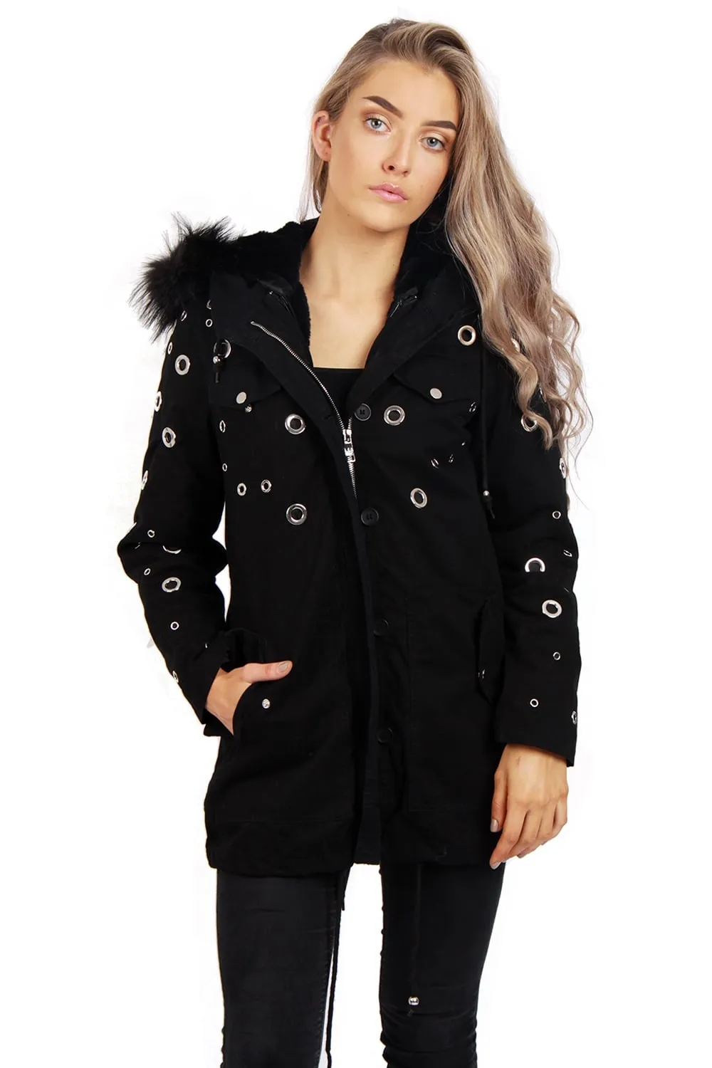 Eyelet Detail Faux Fur Hooded Parka Jacket