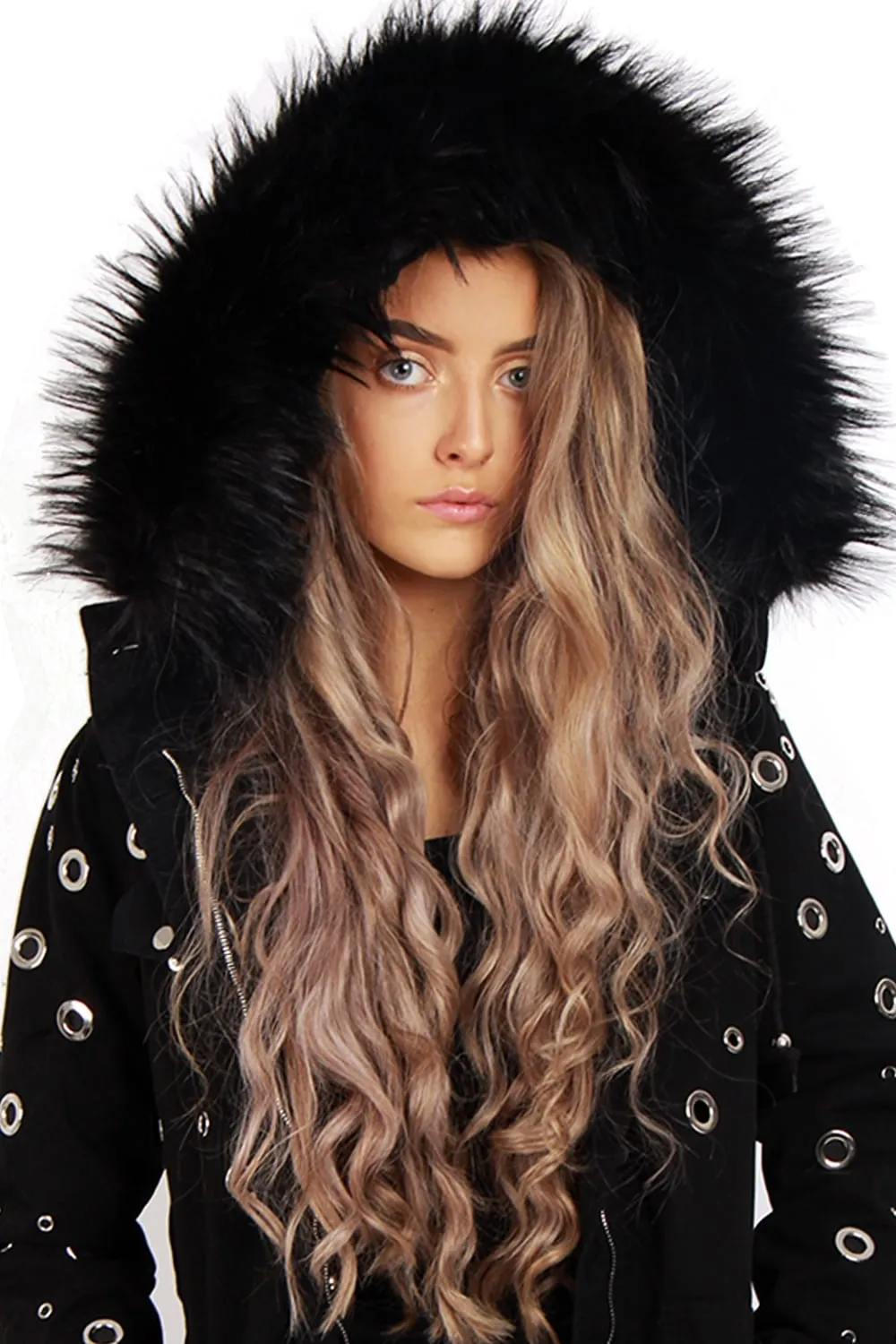 Eyelet Detail Faux Fur Hooded Parka Jacket