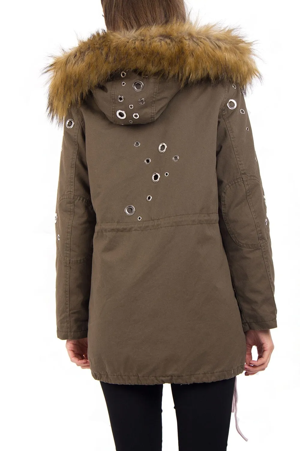 Eyelet Detail Faux Fur Hooded Parka Jacket