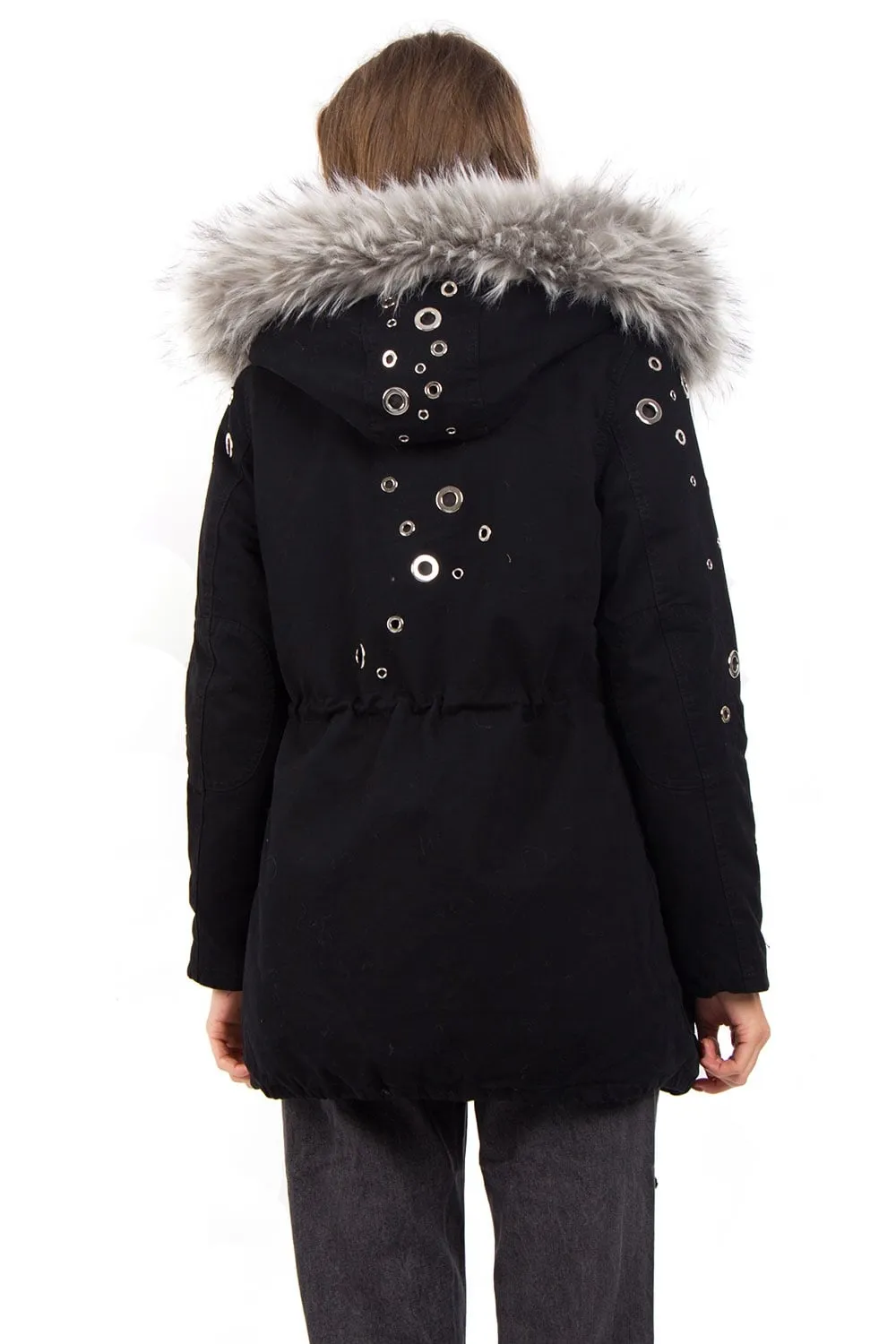 Eyelet Detail Faux Fur Hooded Parka Jacket