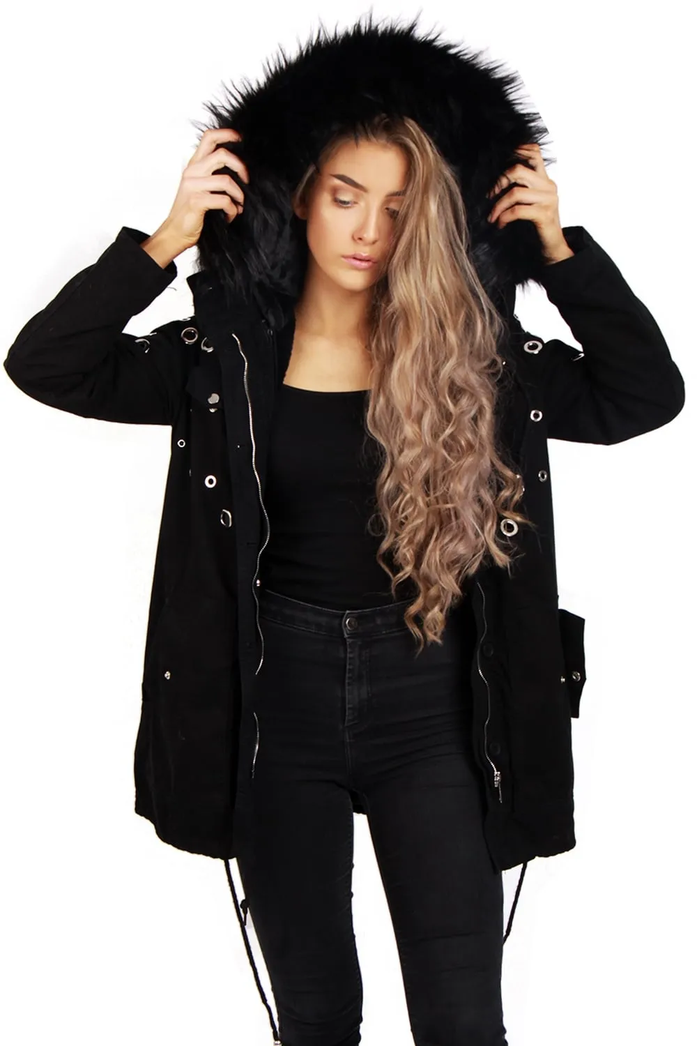 Eyelet Detail Faux Fur Hooded Parka Jacket