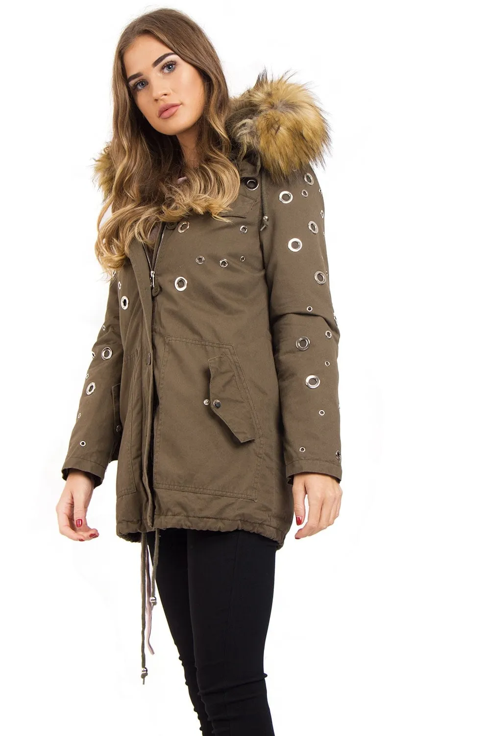 Eyelet Detail Faux Fur Hooded Parka Jacket