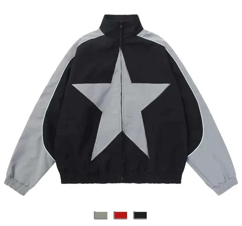 Fashionkova Spring Bomber Jacket Men Women Vintage Star Pattern Harajuku Y2k Windbreaker Coat Streetwear Zipper Patchwork Outerwear Unisex