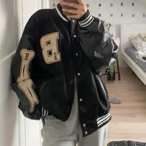 Fashionkova  Women Jacket 2022 Autumn Harajuku Bone Letter Patchwork Leather Jackets Female Fashion Oversized Baseball Bomber Coat Streetwear