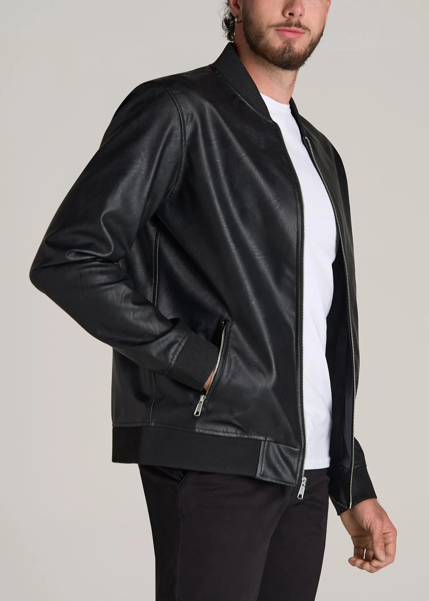 Faux Leather Bomber Jacket for Tall Men in Black