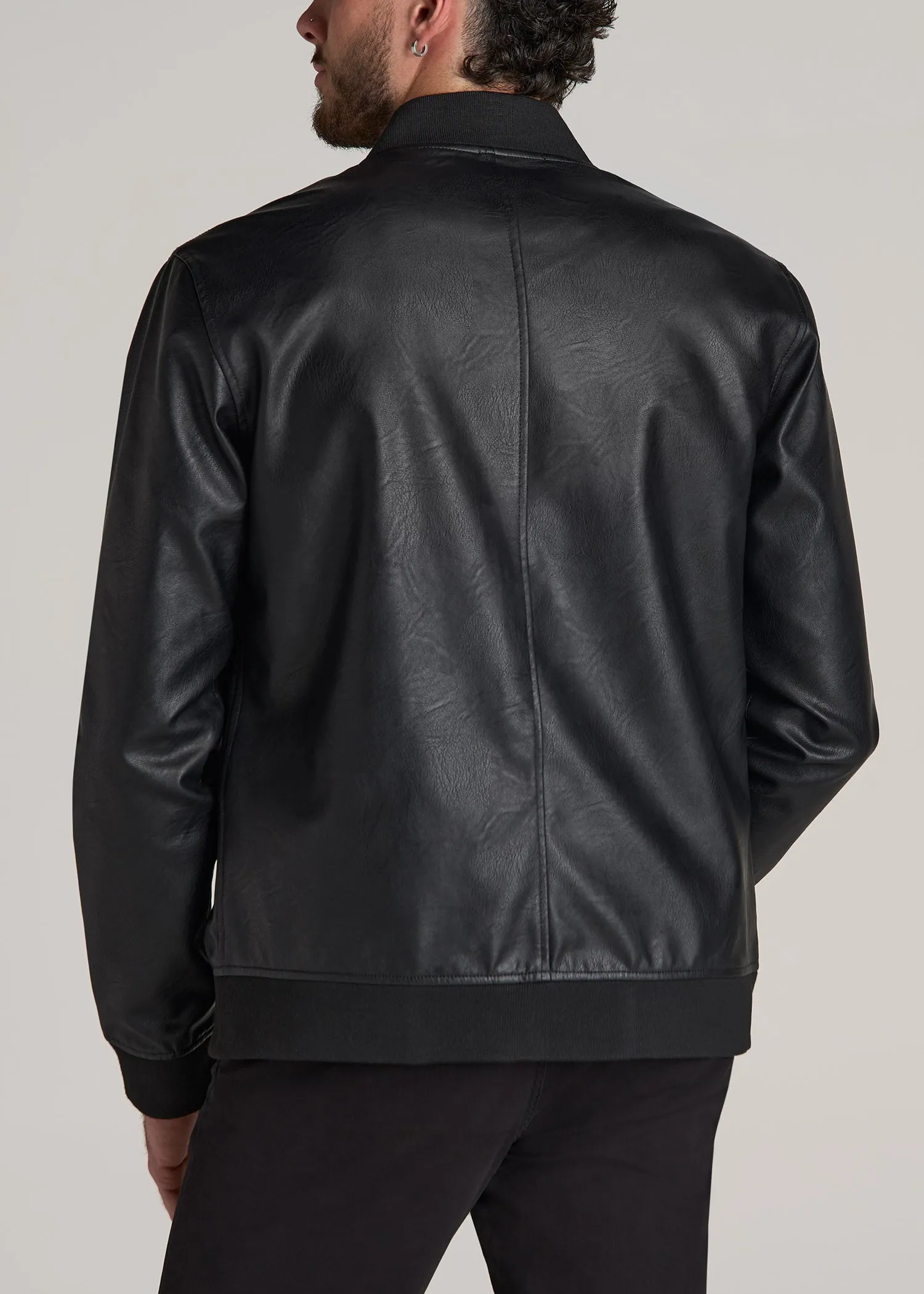 Faux Leather Bomber Jacket for Tall Men in Black