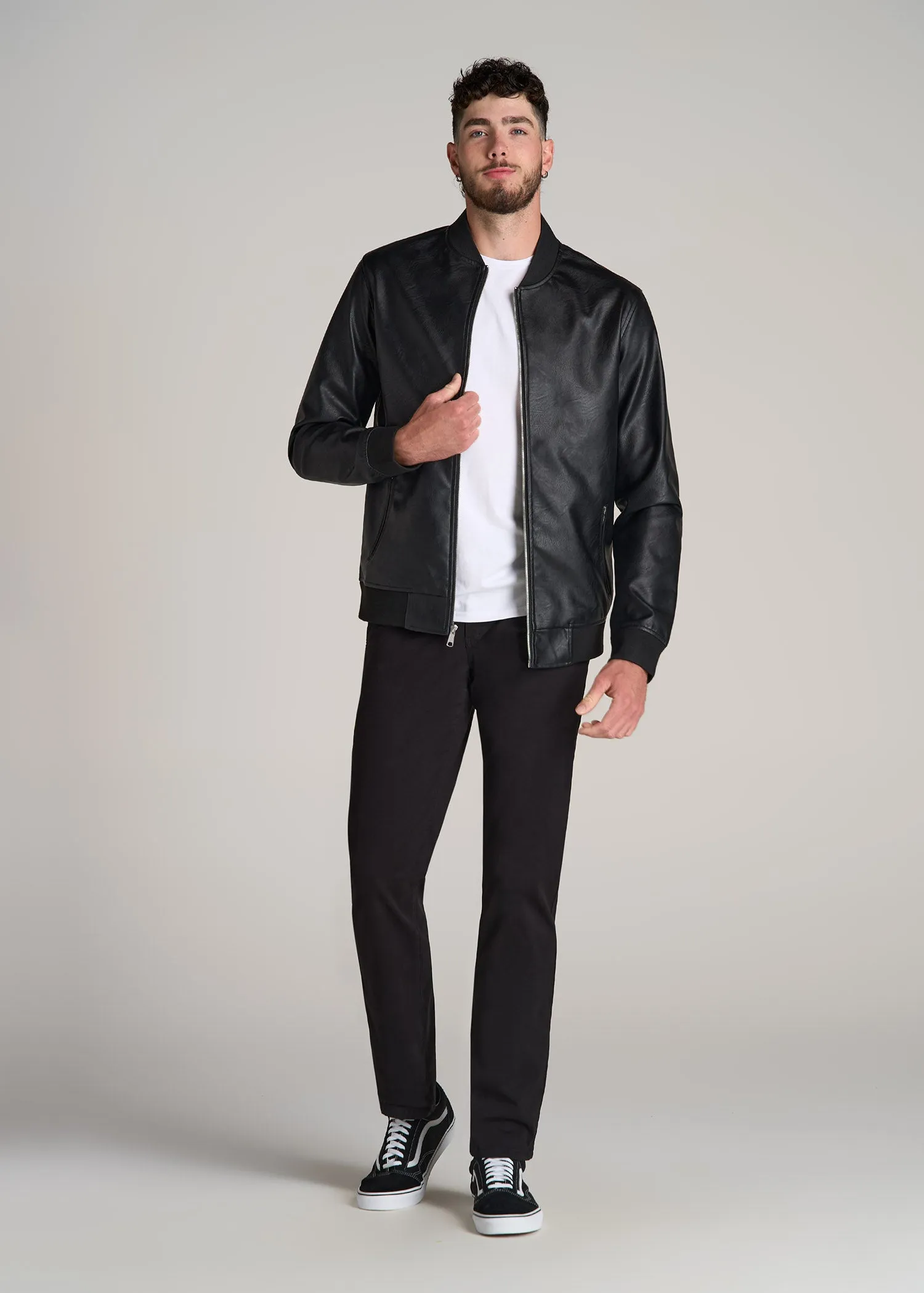 Faux Leather Bomber Jacket for Tall Men in Black