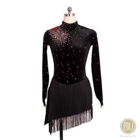 Figure Skating Dress Black Bottom Fringes, Assymetrical Skirt