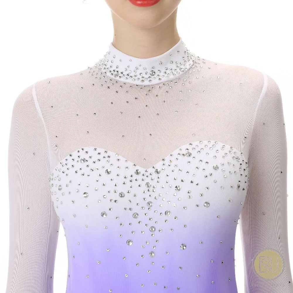 Figure Skating Dress Purple Ombre and White Long Sleeves