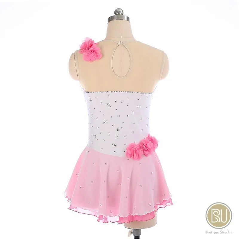 Figure Skating Dress White & Pink With Floral Appliques