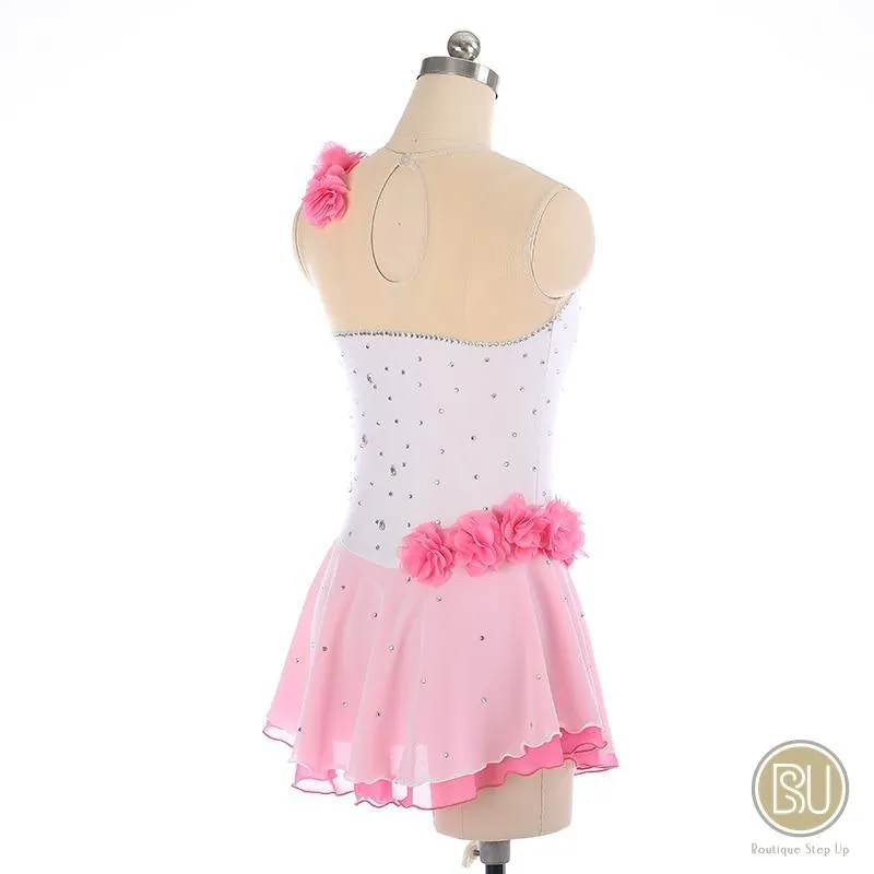 Figure Skating Dress White & Pink With Floral Appliques