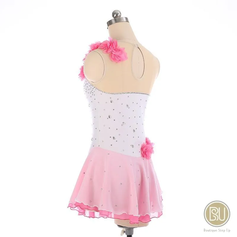 Figure Skating Dress White & Pink With Floral Appliques