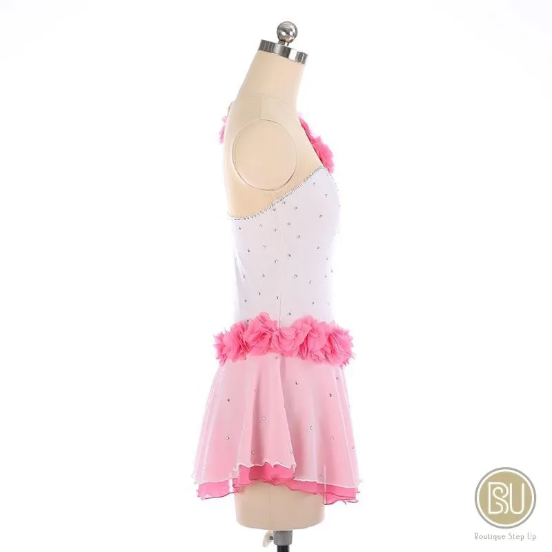 Figure Skating Dress White & Pink With Floral Appliques