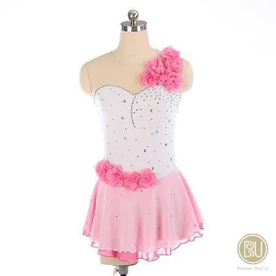 Figure Skating Dress White & Pink With Floral Appliques