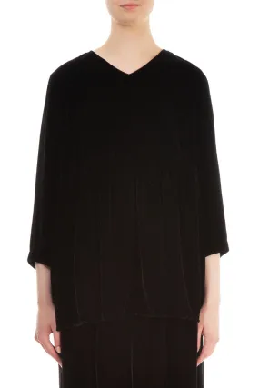 Flared V-Neck Black Silk Velvet Blouse