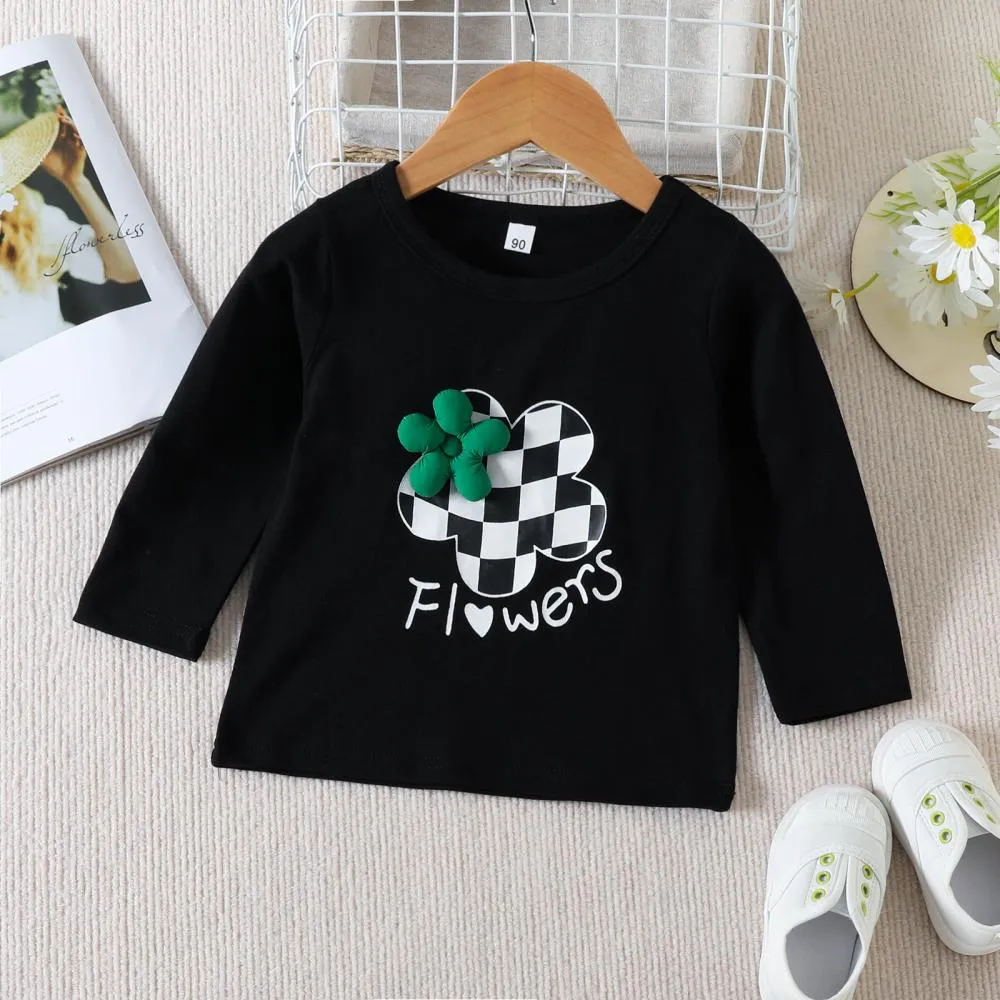 Girls Autumn Three-dimensional Flower T-Shirt Checkerboard Print Flared Pants Set Wholesale Girls Clothes