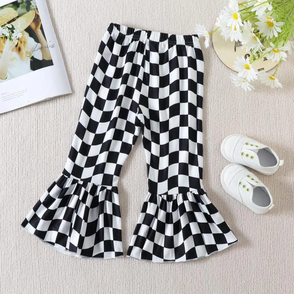 Girls Autumn Three-dimensional Flower T-Shirt Checkerboard Print Flared Pants Set Wholesale Girls Clothes