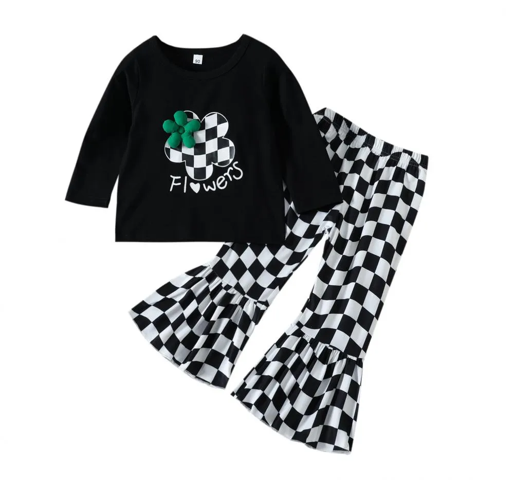 Girls Autumn Three-dimensional Flower T-Shirt Checkerboard Print Flared Pants Set Wholesale Girls Clothes