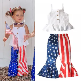 Girls Summer Independence Day Sling Ruffled Top   Star Stripe Flared Trousers Two-Piece Set Wholesale Girls Clothes