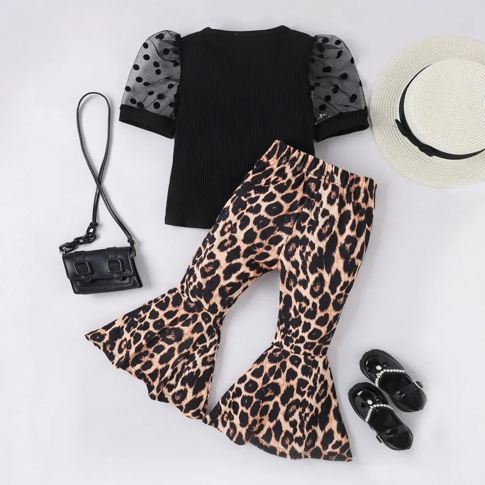 Girls Summer Lace Short Sleeve T-shirt Leopard Flared Pants Suit Wholesale Girls Clothes