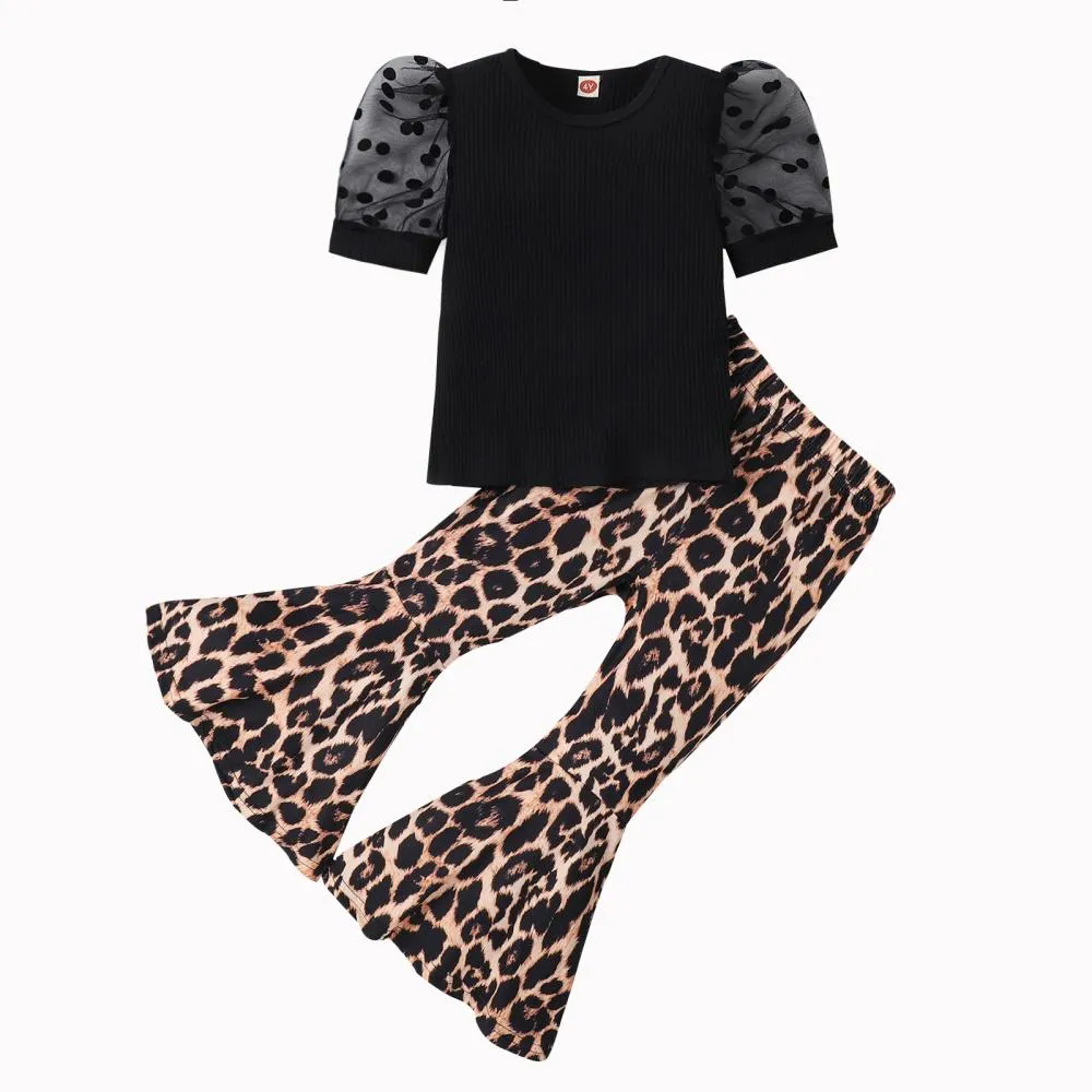 Girls Summer Lace Short Sleeve T-shirt Leopard Flared Pants Suit Wholesale Girls Clothes