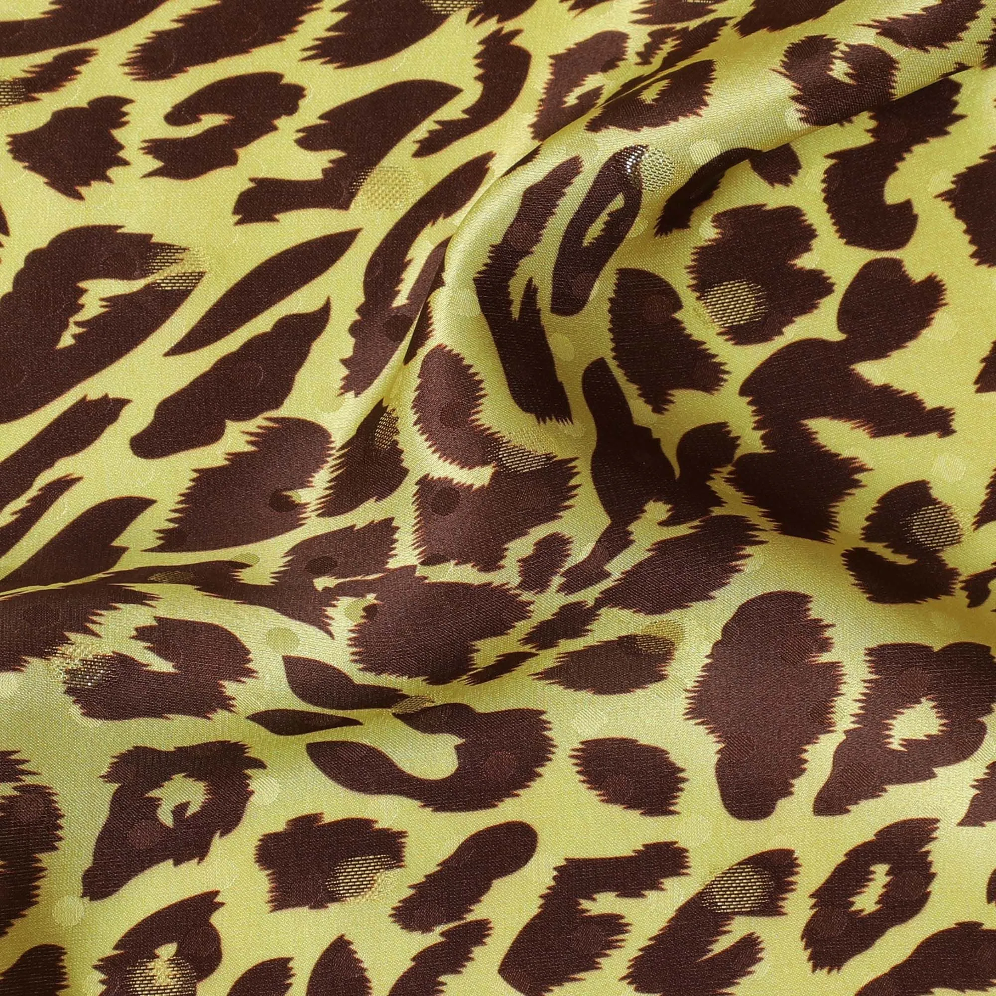 Golden yellow Premium pure silk satin fabric with brown print having gold metallic in animal skin design-D17064