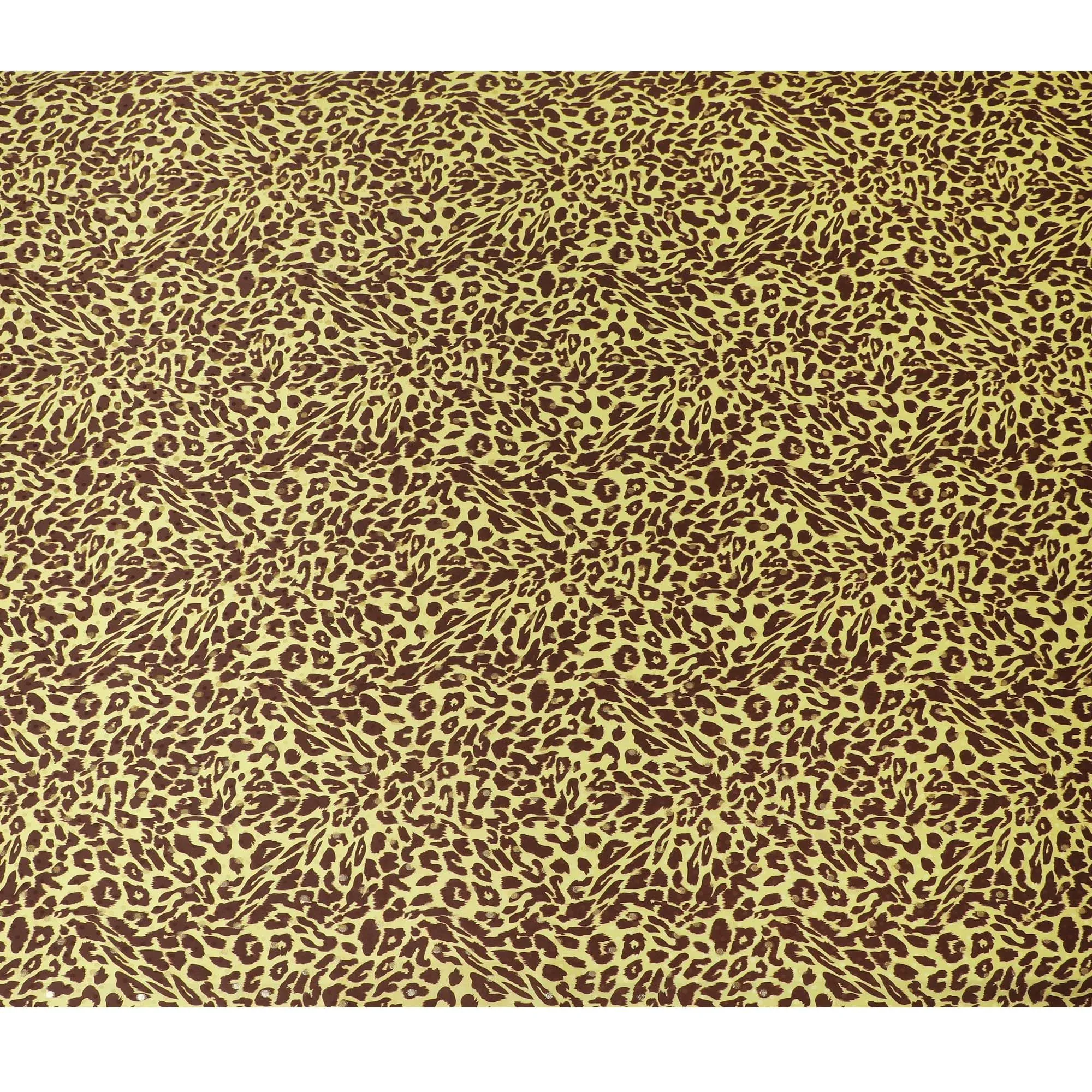 Golden yellow Premium pure silk satin fabric with brown print having gold metallic in animal skin design-D17064