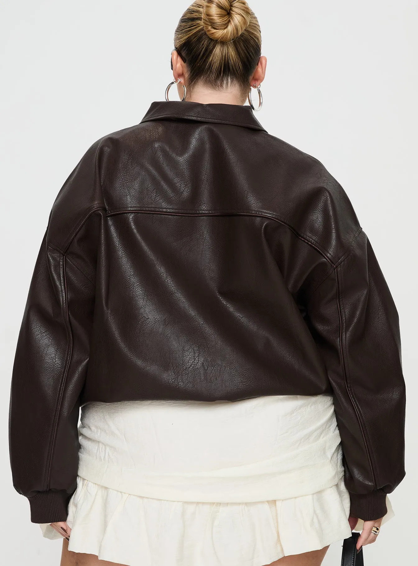 Goldsmith Faux Leather Bomber Jacket Brown Curve