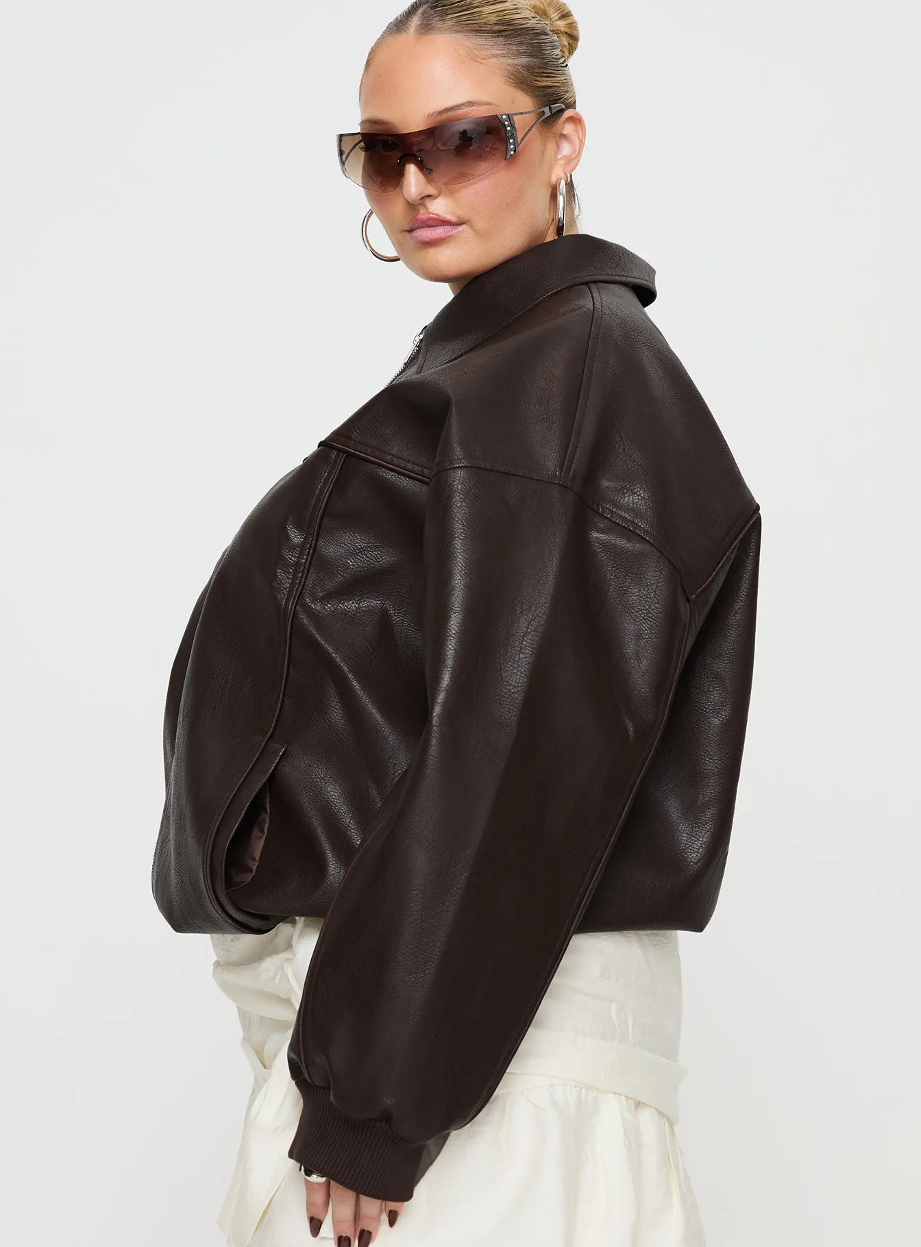 Goldsmith Faux Leather Bomber Jacket Brown Curve