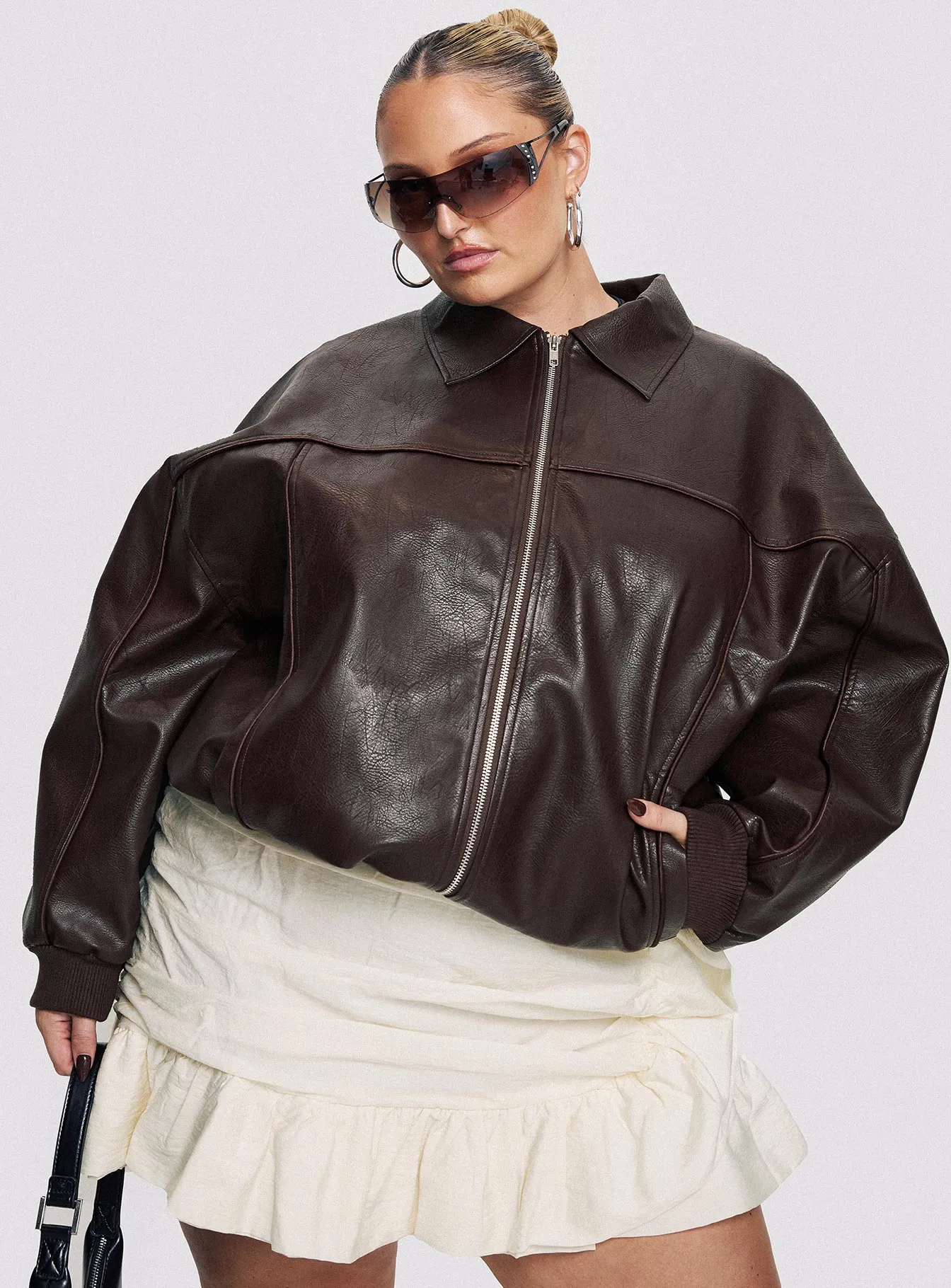 Goldsmith Faux Leather Bomber Jacket Brown Curve