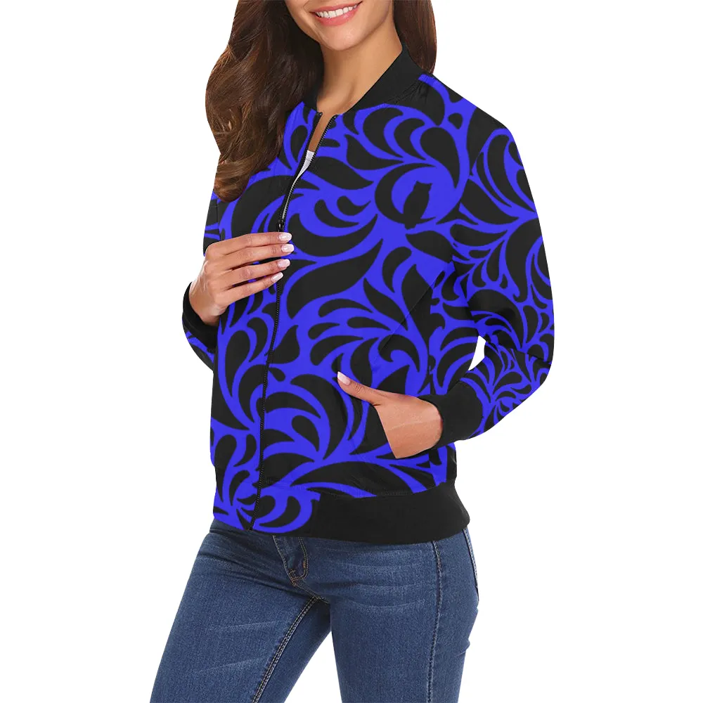 GORGIOUS LEAF BLUE All Over Print Bomber Jacket for Women