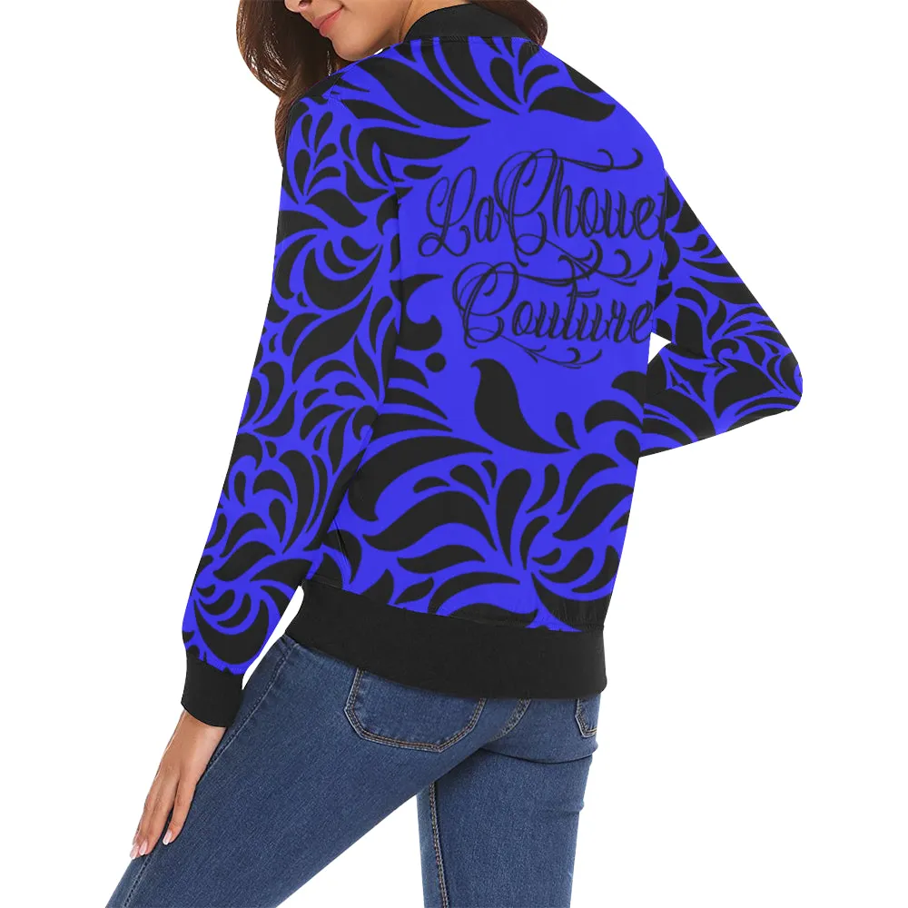 GORGIOUS LEAF BLUE All Over Print Bomber Jacket for Women