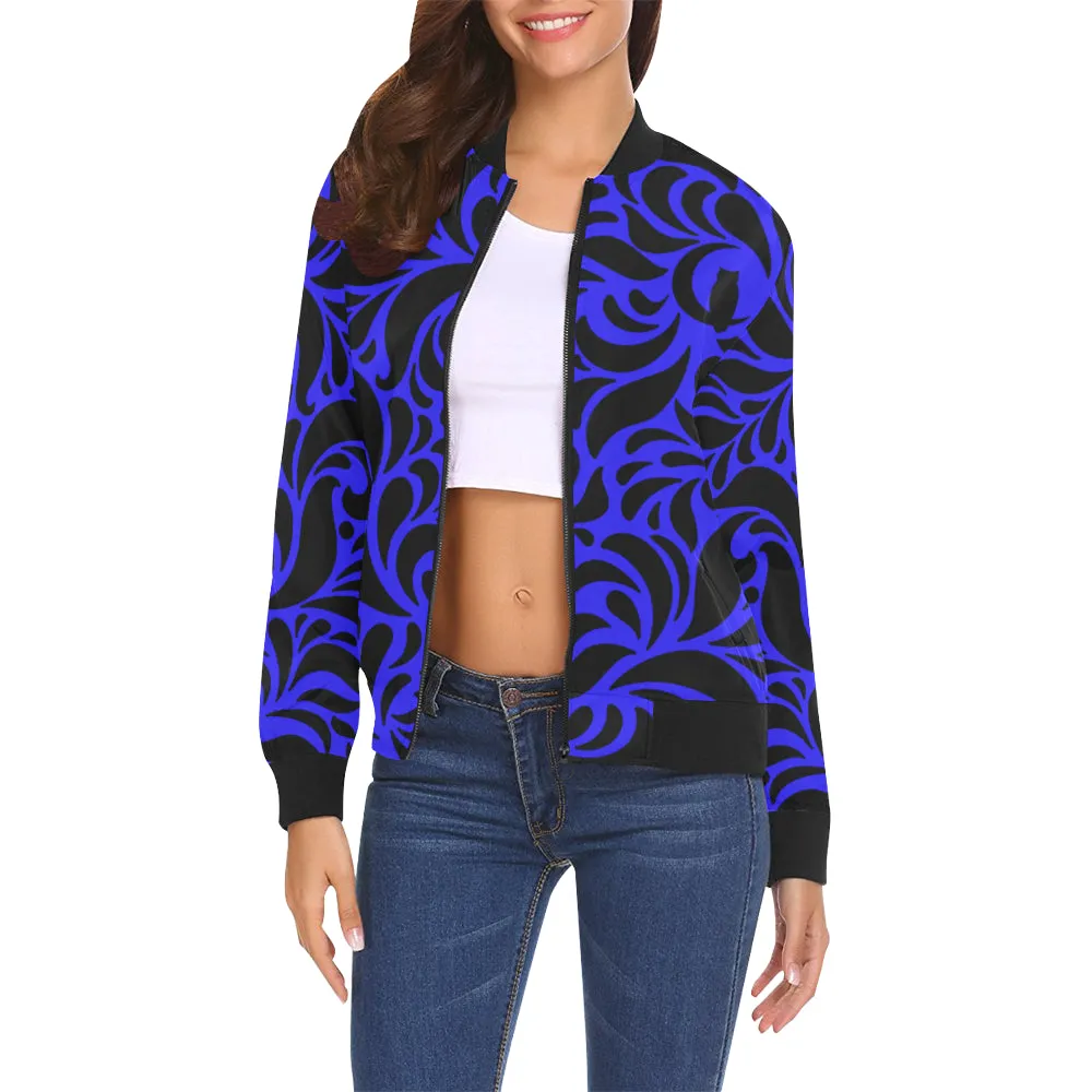 GORGIOUS LEAF BLUE All Over Print Bomber Jacket for Women